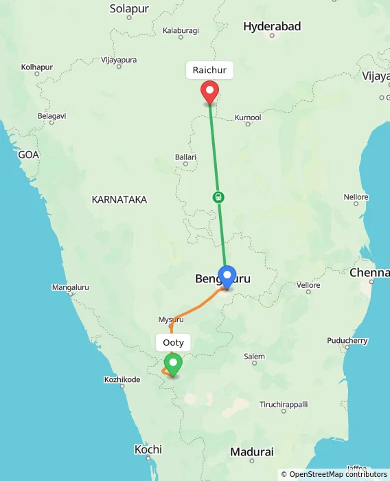 Route map showing distance and travel time from Ooty, India to Raichur, India
