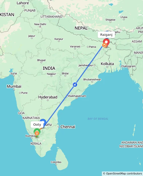 Route map showing distance and travel time from Ooty, India to Raiganj, India