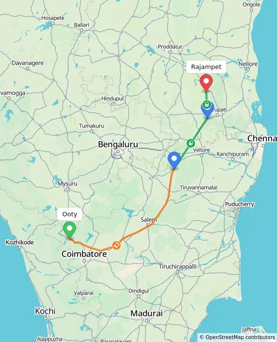 Route map showing distance and travel time from Ooty, India to Rajampet, India