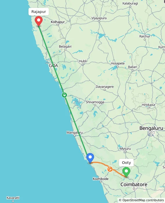 Route map showing distance and travel time from Ooty, India to Rajapur, India