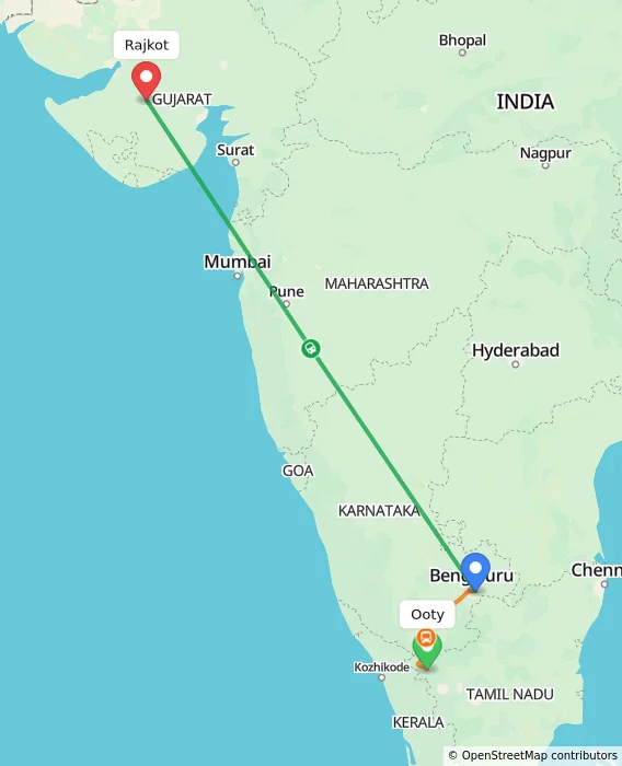 Route map showing distance and travel time from Ooty, India to Rajkot, India