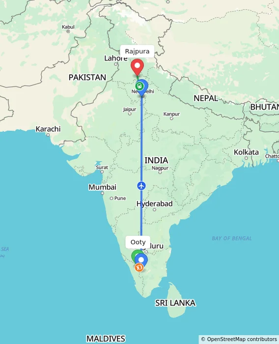 Route map showing distance and travel time from Ooty, India to Rajpura, India