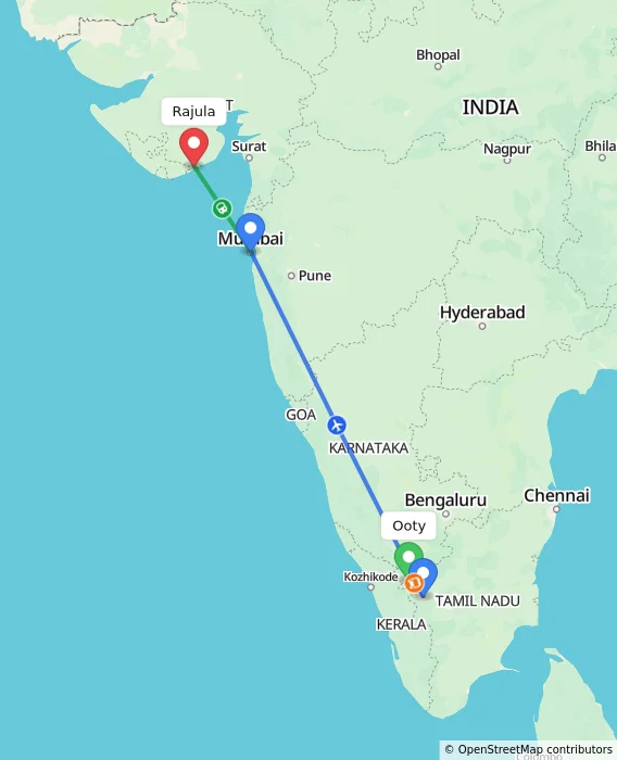 Route map showing distance and travel time from Ooty, India to Rajula, India