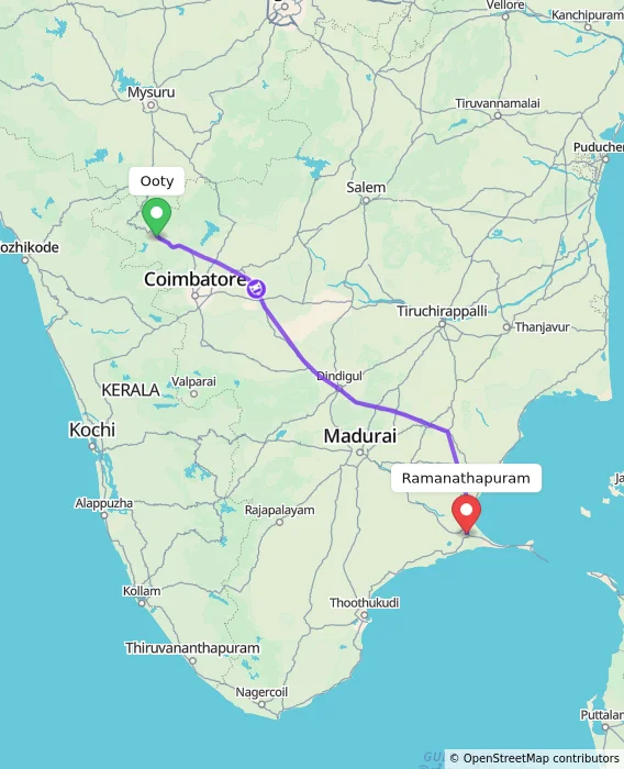Route map showing distance and travel time from Ooty, India to Ramanathapuram, India