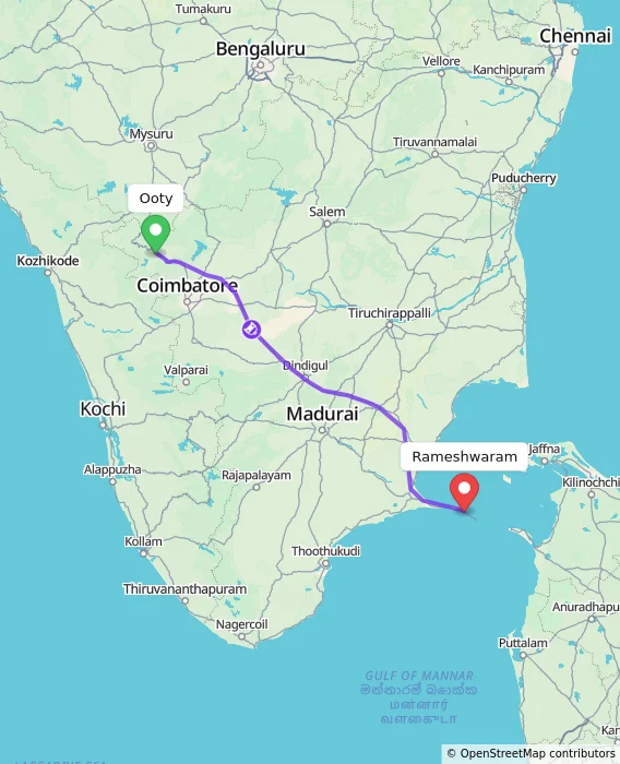 Route map showing distance and travel time from Ooty, India to Rameshwaram, India