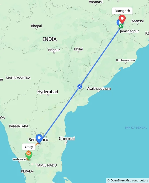 Route map showing distance and travel time from Ooty, India to Ramgarh, India