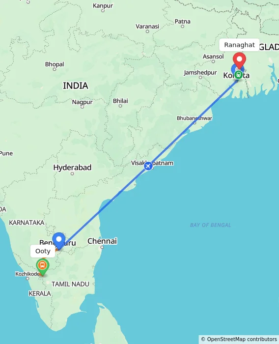 Route map showing distance and travel time from Ooty, India to Ranaghat, India