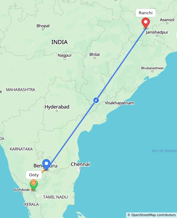 Route map showing distance and travel time from Ooty, India to Ranchi, India