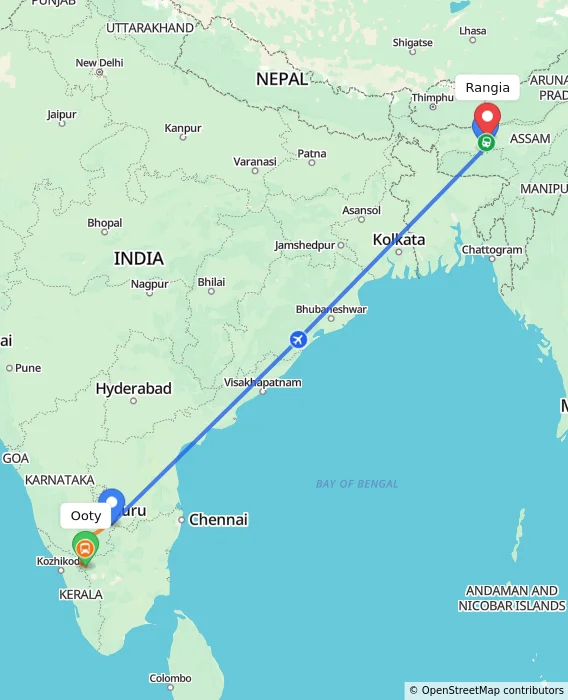 Route map showing distance and travel time from Ooty, India to Rangia, India