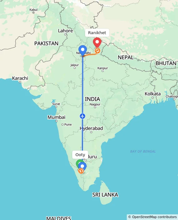 Route map showing distance and travel time from Ooty, India to Ranikhet, India