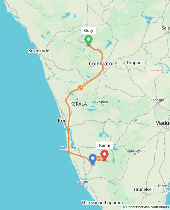 Route map showing distance and travel time from Ooty, India to Ranni, India