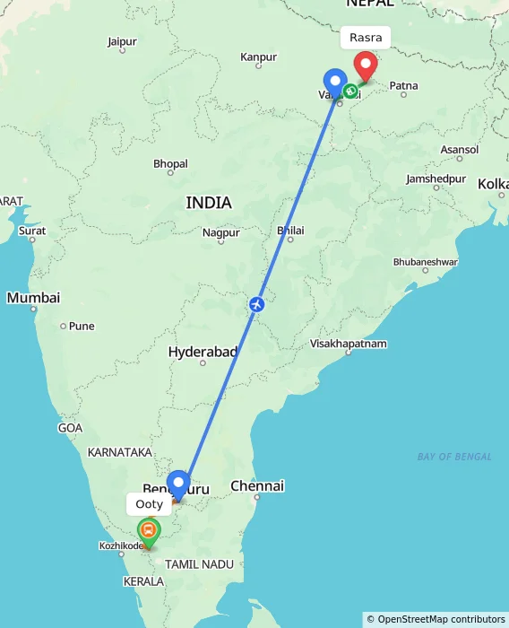 Route map showing distance and travel time from Ooty, India to Rasra, India