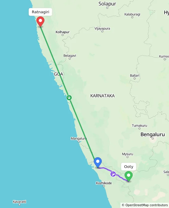 Route map showing distance and travel time from Ooty, India to Ratnagiri, India