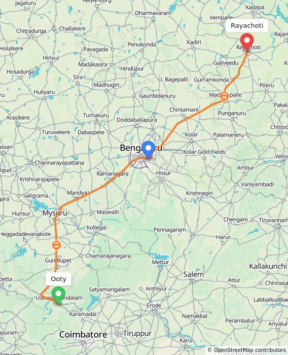 Route map showing distance and travel time from Ooty, India to Rayachoti, India