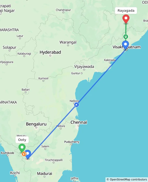Route map showing distance and travel time from Ooty, India to Rayagada, India