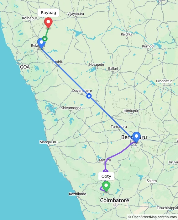 Route map showing distance and travel time from Ooty, India to Raybag, India