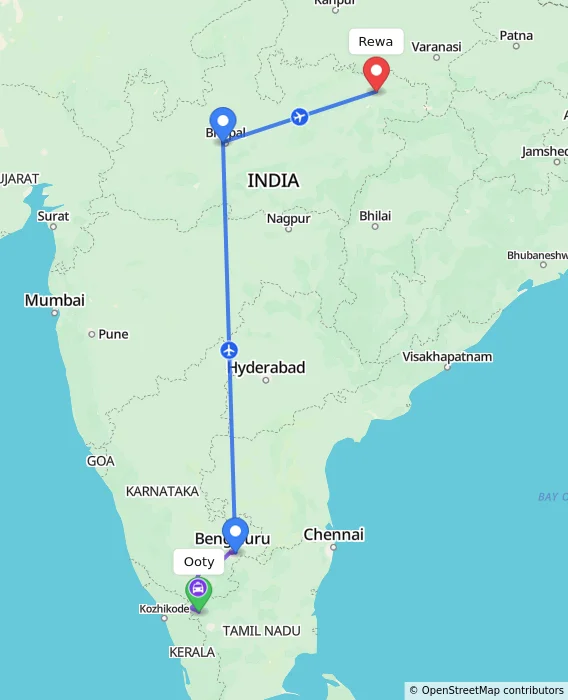 Route map showing distance and travel time from Ooty, India to Rewa, India
