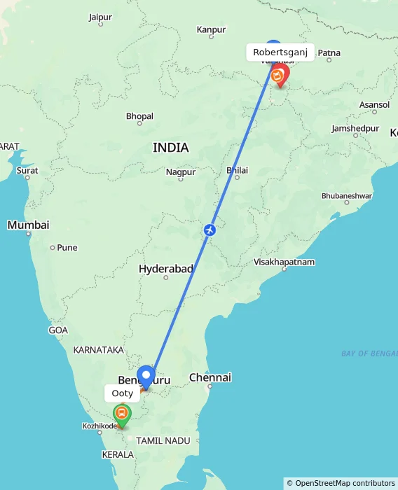 Route map showing distance and travel time from Ooty, India to Robertsganj, India