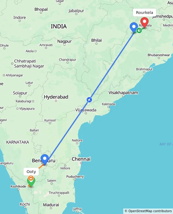 Route map showing distance and travel time from Ooty, India to Rourkela, India