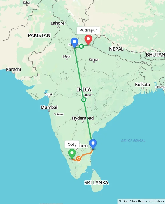 Route map showing distance and travel time from Ooty, India to Rudrapur, India