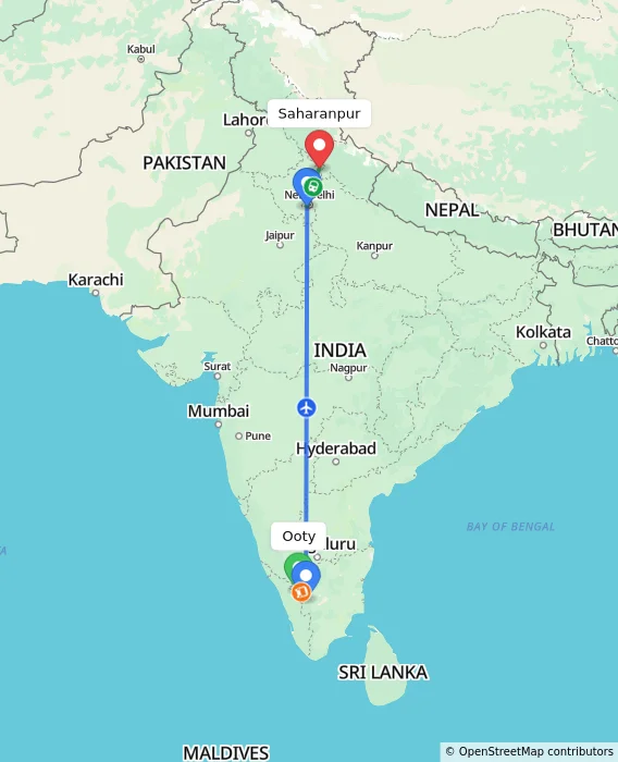 Route map showing distance and travel time from Ooty, India to Saharanpur, India