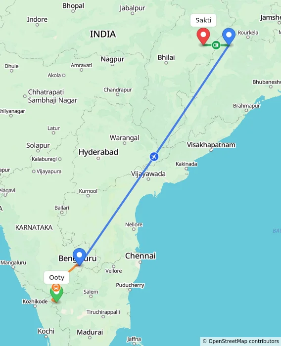 Route map showing distance and travel time from Ooty, India to Sakti, India