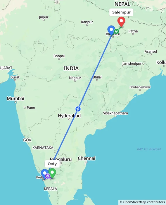 Route map showing distance and travel time from Ooty, India to Salempur, India