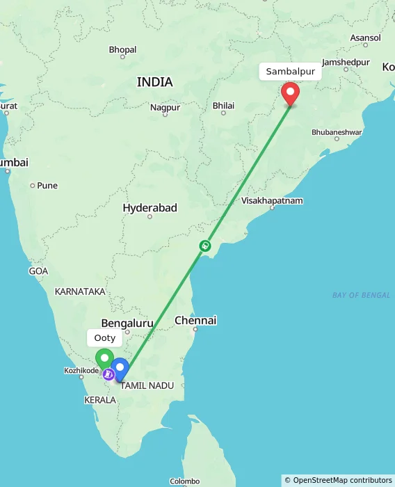 Route map showing distance and travel time from Ooty, India to Sambalpur, India
