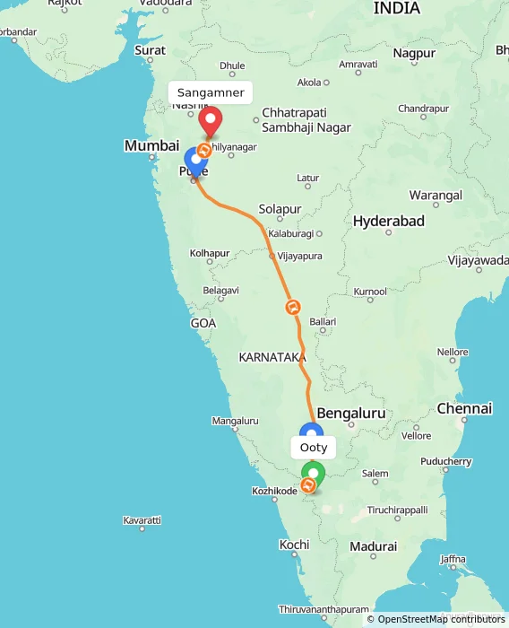 Route map showing distance and travel time from Ooty, India to Sangamner, India