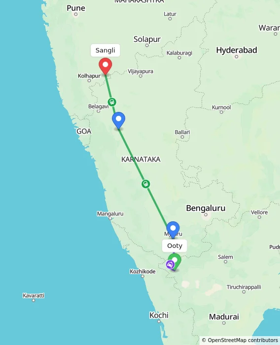 Route map showing distance and travel time from Ooty, India to Sangli, India