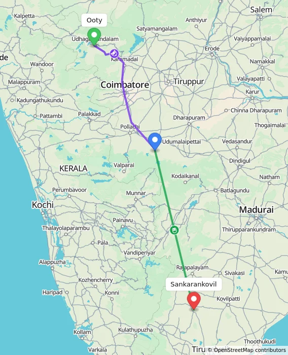 Route map showing distance and travel time from Ooty, India to Sankarankovil, India