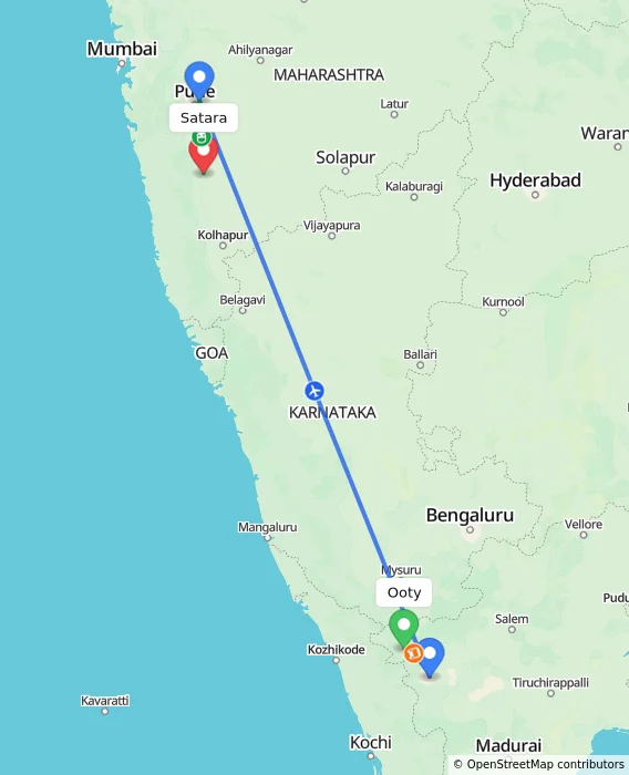 Route map showing distance and travel time from Ooty, India to Satara, India