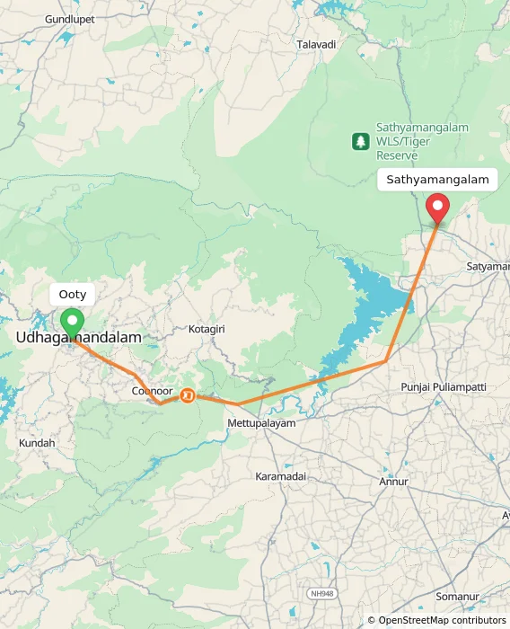 Route map showing distance and travel time from Ooty, India to Sathyamangalam, India