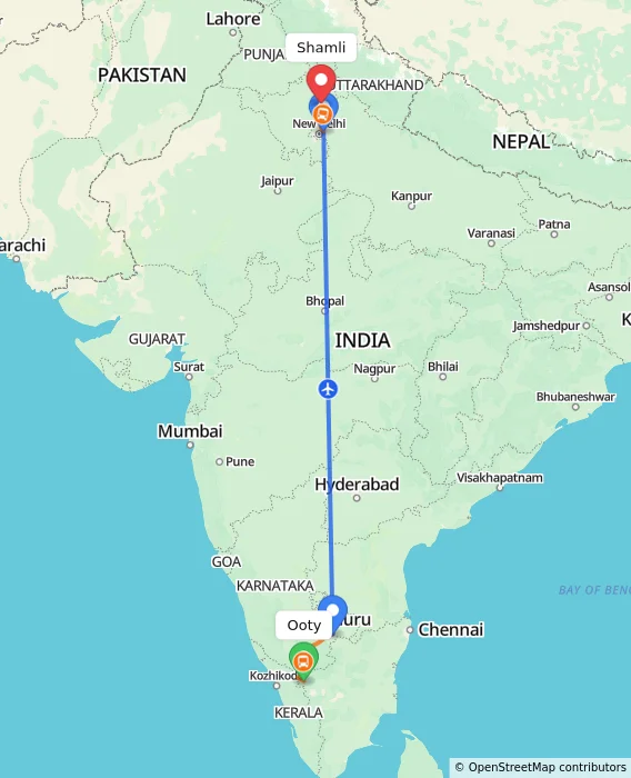 Route map showing distance and travel time from Ooty, India to Shamli, India