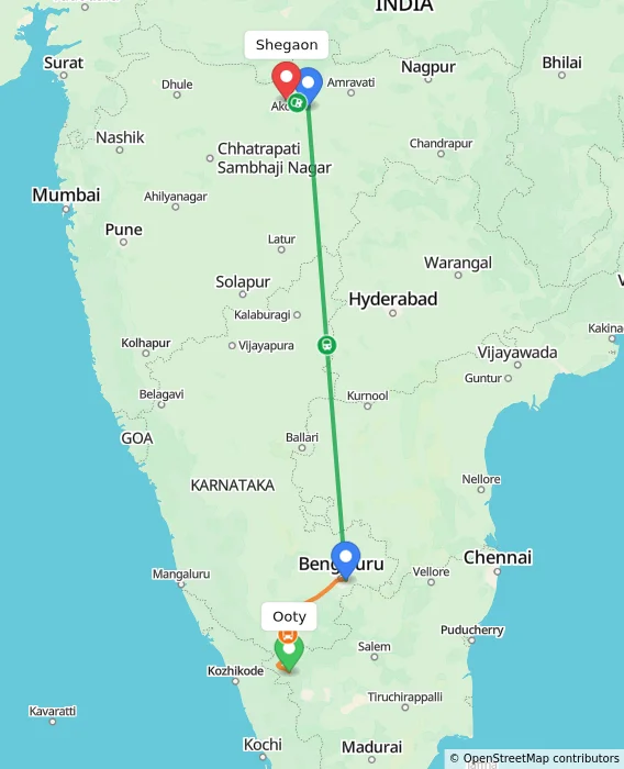 Route map showing distance and travel time from Ooty, India to Shegaon, India