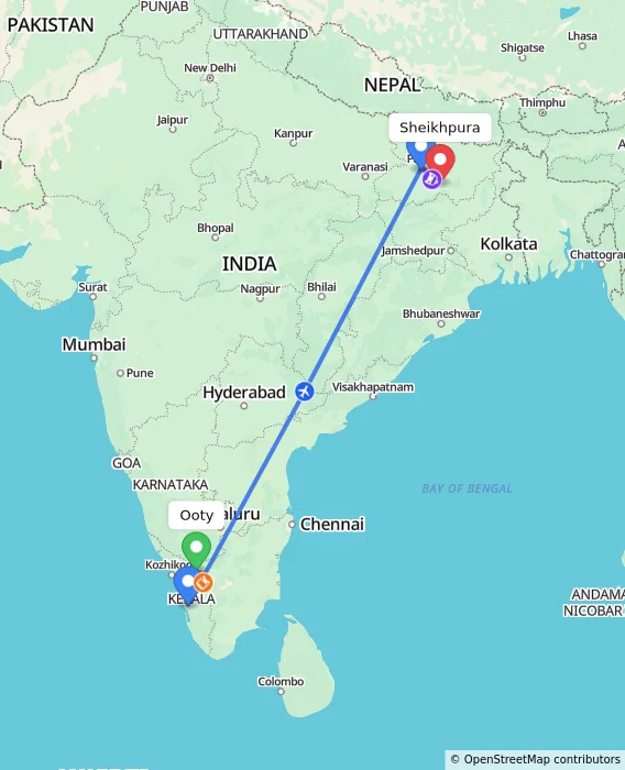 Route map showing distance and travel time from Ooty, India to Sheikhpura, India