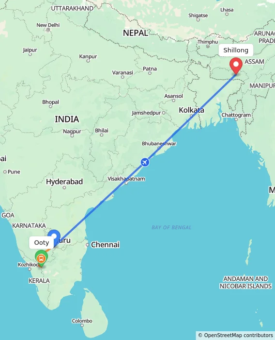 Route map showing distance and travel time from Ooty, India to Shillong, India
