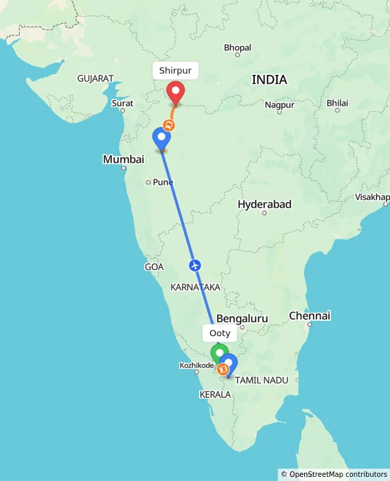Route map showing distance and travel time from Ooty, India to Shirpur, India