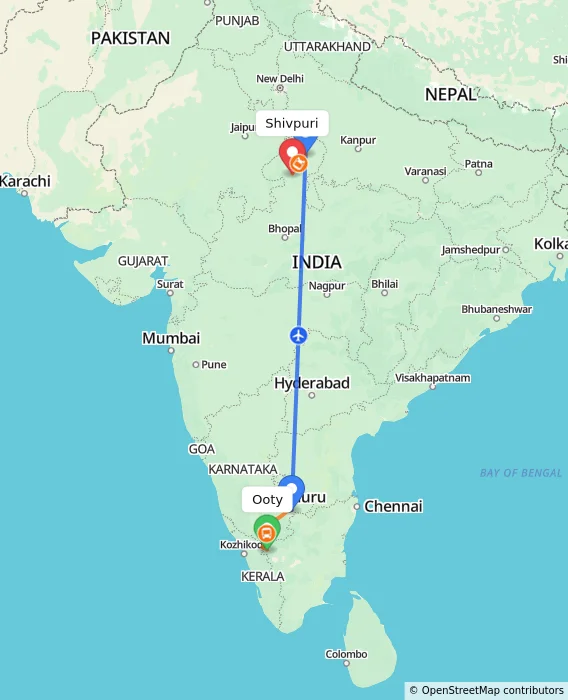 Route map showing distance and travel time from Ooty, India to Shivpuri, India