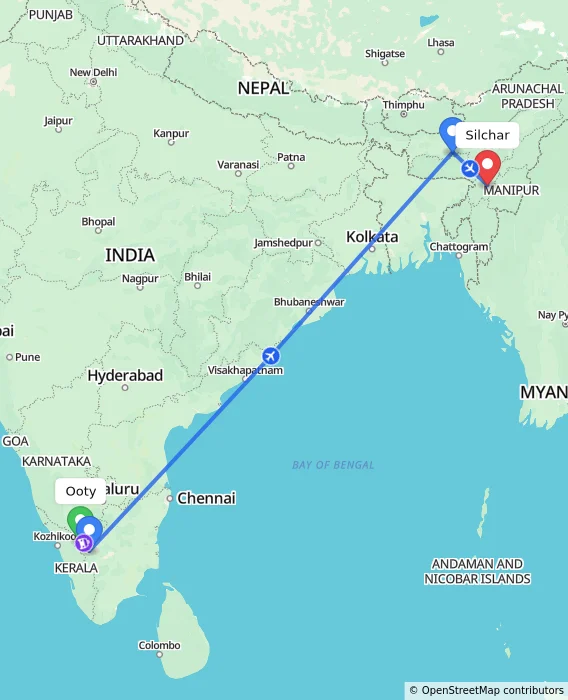Route map showing distance and travel time from Ooty, India to Silchar, India