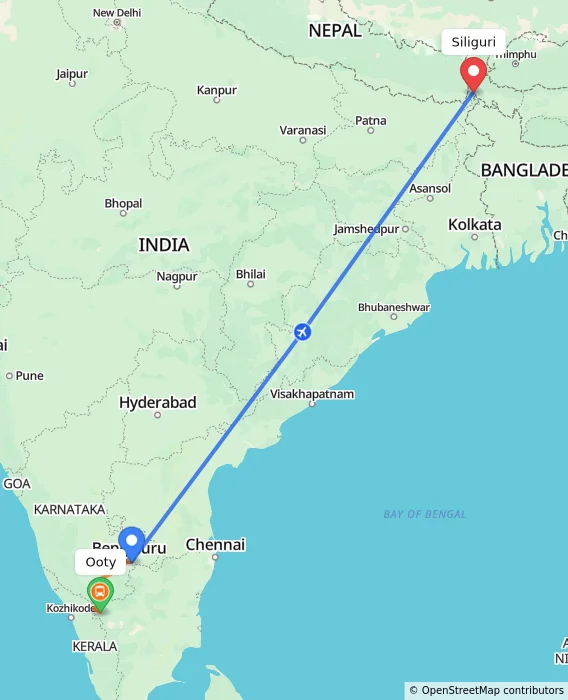 Route map showing distance and travel time from Ooty, India to Siliguri, India