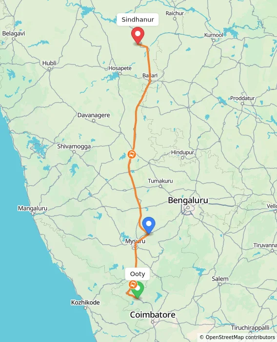 Route map showing distance and travel time from Ooty, India to Sindhanur, India