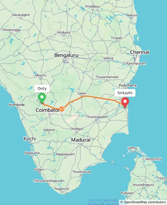 Route map showing distance and travel time from Ooty, India to Sirkazhi, India