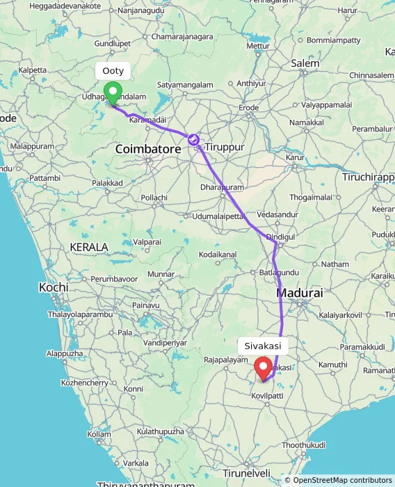 Route map showing distance and travel time from Ooty, India to Sivakasi, India