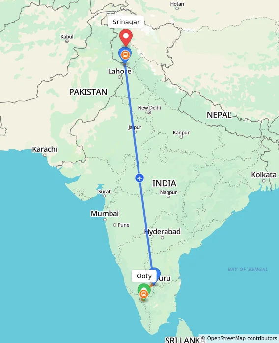 Route map showing distance and travel time from Ooty, India to Srinagar, India
