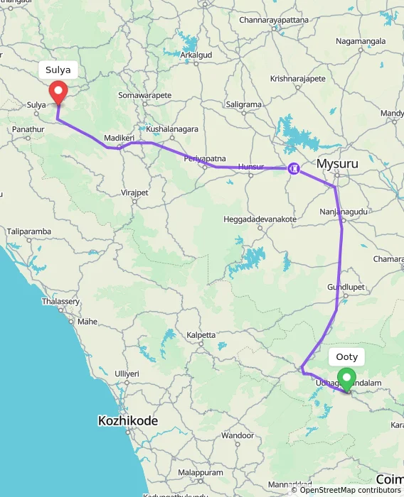 Route map showing distance and travel time from Ooty, India to Sulya, India