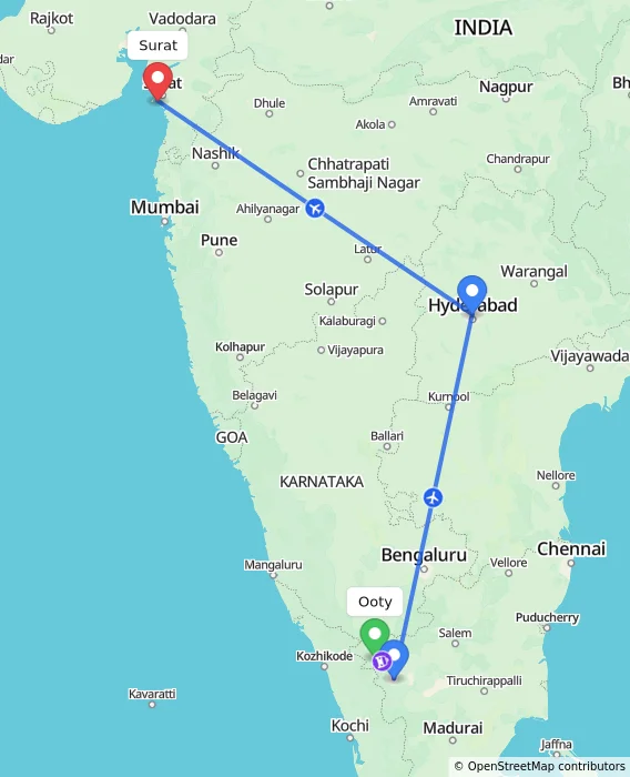 Route map showing distance and travel time from Ooty, India to Surat, India