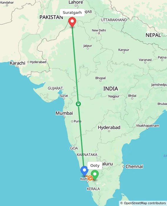 Route map showing distance and travel time from Ooty, India to Suratgarh, India
