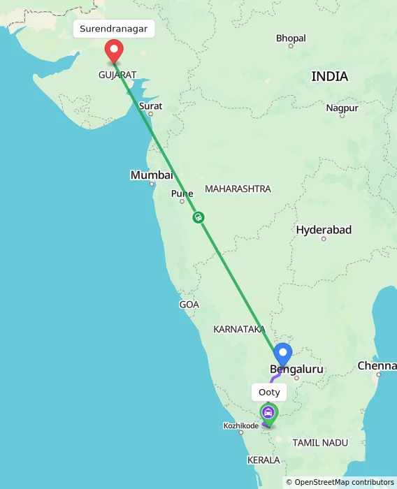Route map showing distance and travel time from Ooty, India to Surendranagar, India
