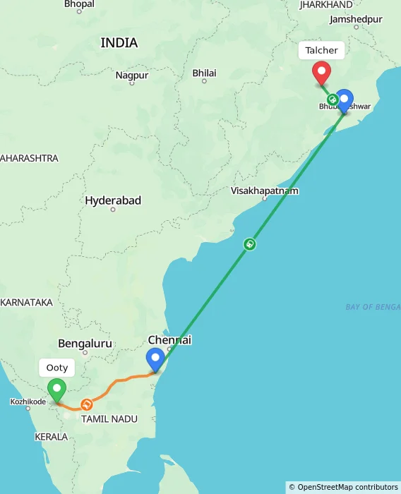 Route map showing distance and travel time from Ooty, India to Talcher, India